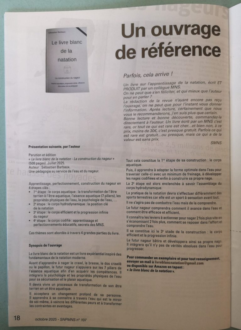 Illustration de l'ouvrage de référence en natation et description de la méthode pour apprendre à nager et se perfectionner en natation 